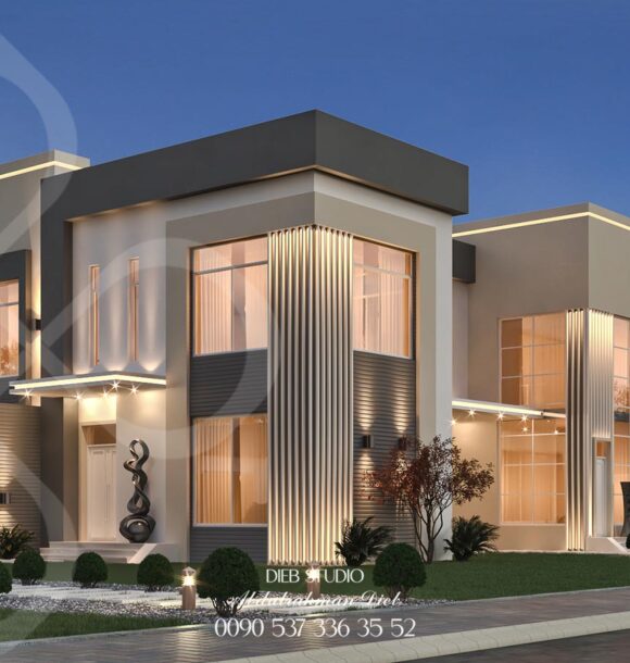 Modern luxury villa with sleek white walls, large glass windows, and dark wood accents. Features landscaped greenery, stylish lighting, and a cozy outdoor seating area. Perfect blend of elegance and comfort.