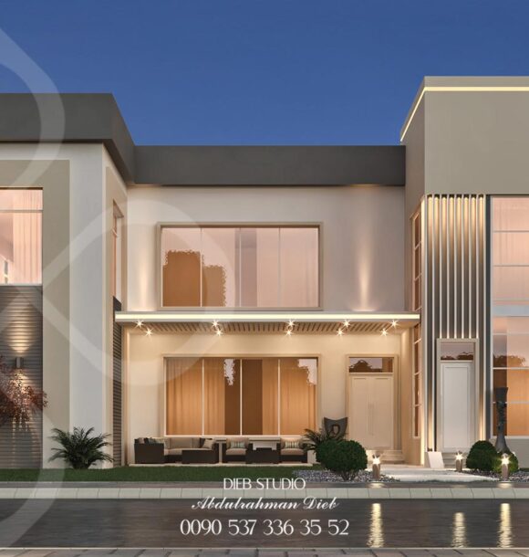 Modern luxury villa with sleek white walls, large glass windows, and dark wood accents. Features landscaped greenery, stylish lighting, and a cozy outdoor seating area. Perfect blend of elegance and comfort.