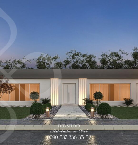 Modern luxury villa with sleek white walls, large glass windows, and dark wood accents. Features landscaped greenery, stylish lighting, and a cozy outdoor seating area. Perfect blend of elegance and comfort.