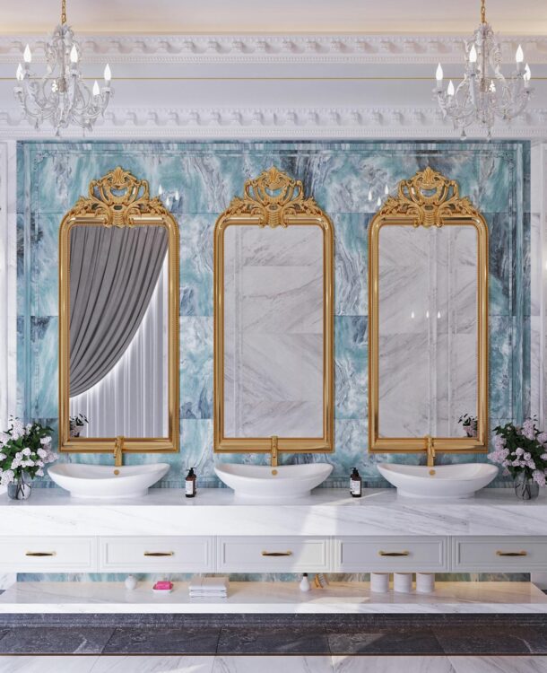 Luxury bathroom design featuring marble walls