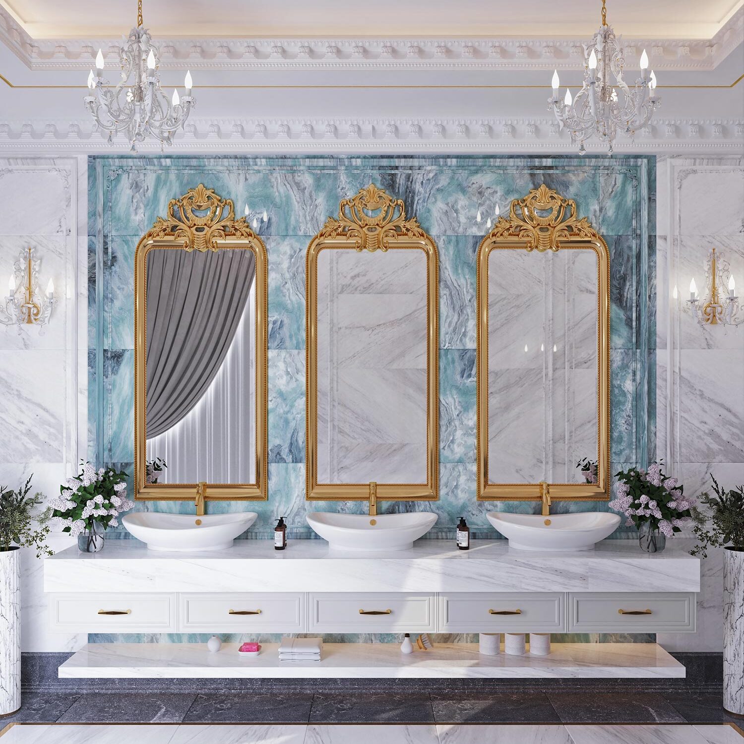 Luxury bathroom design featuring marble walls