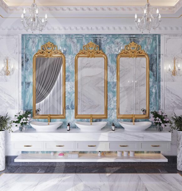 Luxury bathroom design featuring marble walls