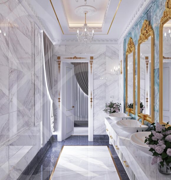 Luxury bathroom design featuring marble walls