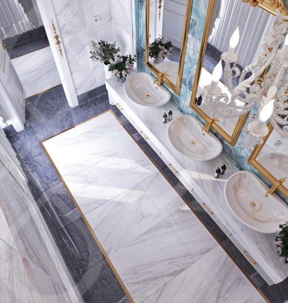 Luxury bathroom design featuring marble walls