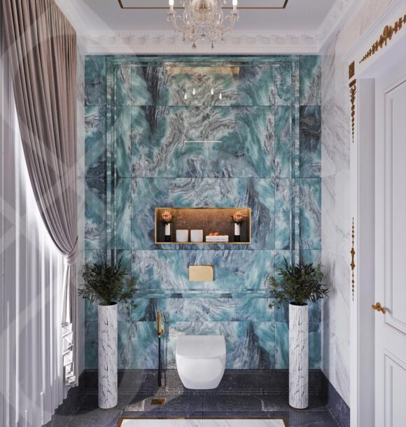 Luxury bathroom design featuring marble walls